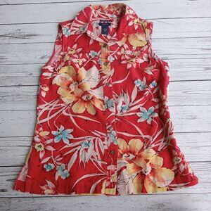 Izod Women's Red Floral‎ 100% Washable Silk Sleeveless Tank Top Button Up Size 4